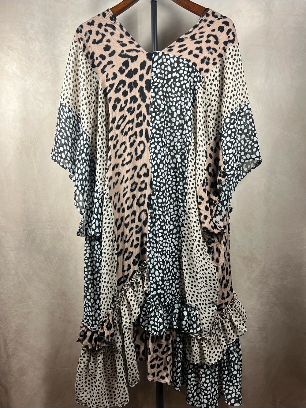 Umgee M/L Leopard Patchwork Ruffle Open Front Cardigan Boho - Picture 5 of 5